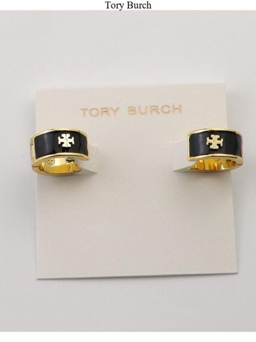 Tory Burch Black and Gold Logo Cuff Hoop Earrings